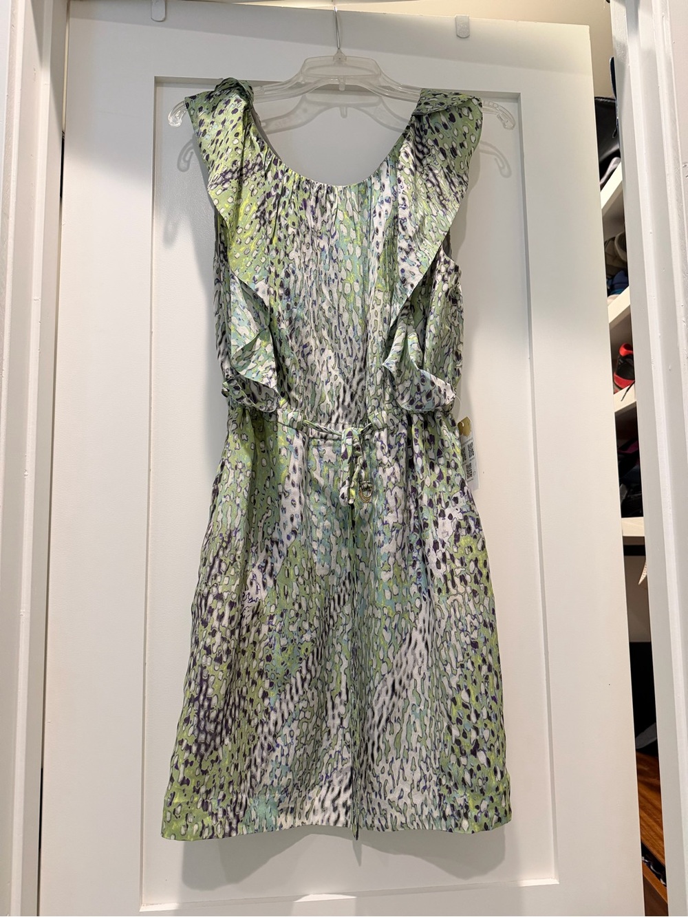 leifsdottir Green and Cream Ruffle Tie-Waist Mini Dress